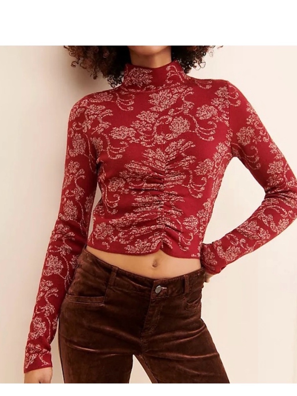 Anthropologie Burgundy Floral Mock Neck Ruched Long Sleeve Top